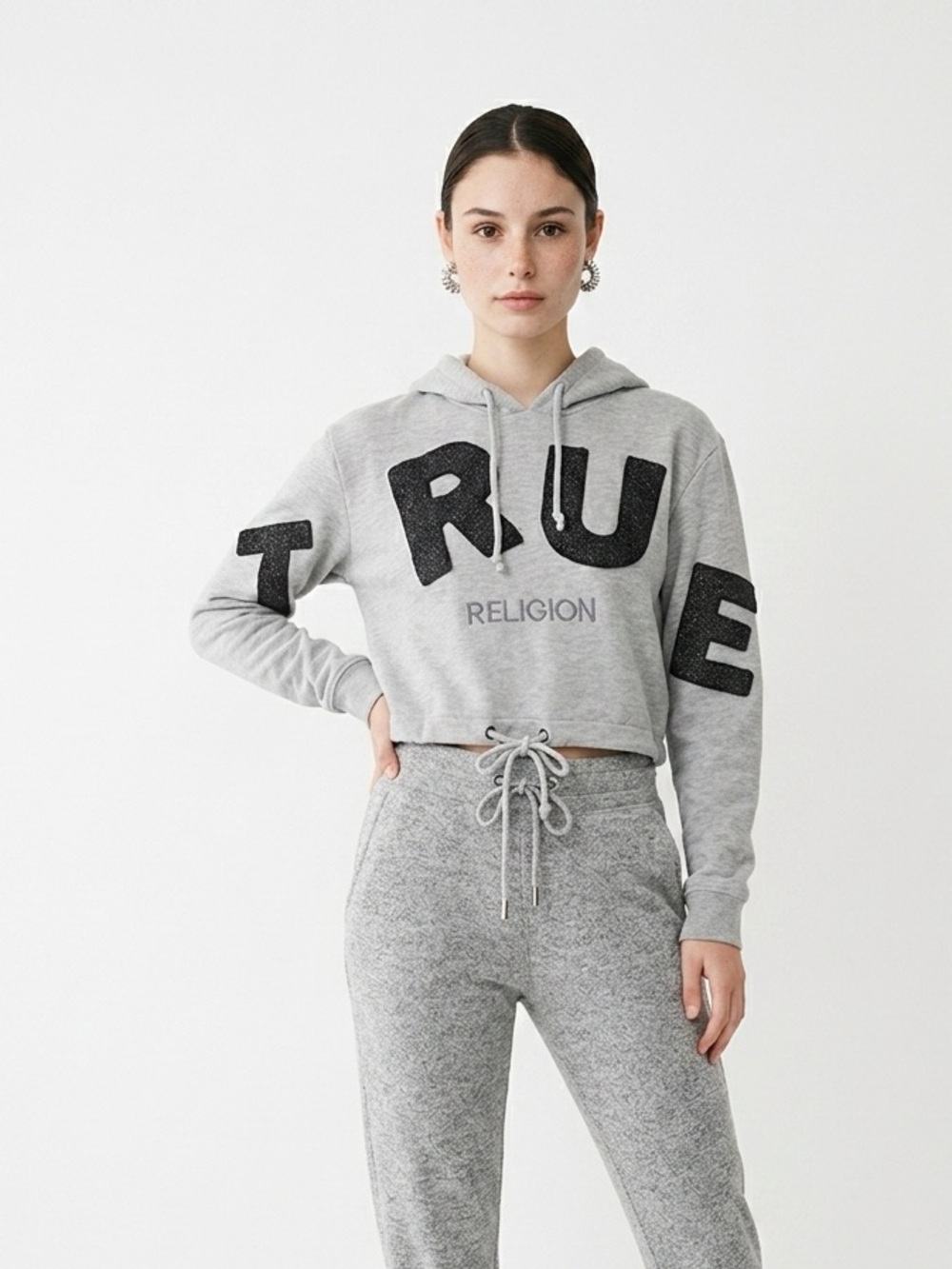 True Religion Y2K  Womens  Glitter Logo Cropped Hoodie Sweatshirt Size Small 327